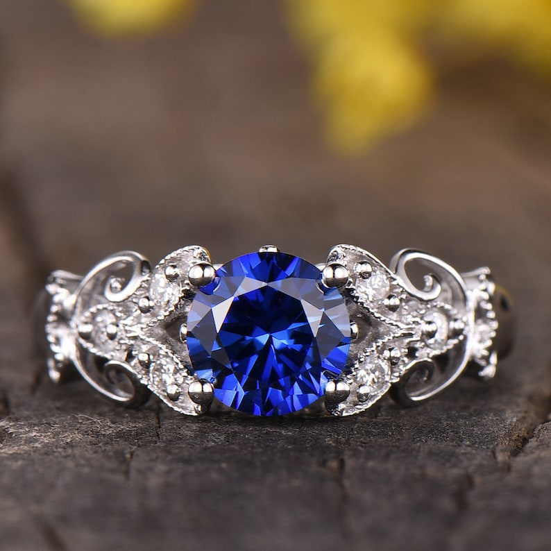 Sapphire Engagement Ring Vintage Antique Diamond Floral Ring Art Deco Wedding Band Round Cut Blue Gemstone Solitaire Ring 14K White Gold image 1