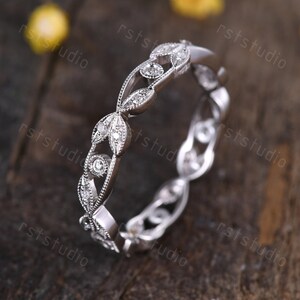Diamond wedding band Milgrain bridal promise ring 14k white gold Floral full eternity band 0.23ct SI-H diamond ring infinity wedding ring