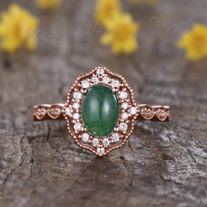 Zambia Natural Emerald Engagement Ring 14K Gold Vintage Floral Wedding Ring Antique PromiseMay Birthstone Rings For Women Anniversary Ring