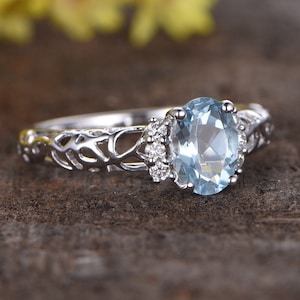 0.9ct Aquamarine Engagement Ring Unique Filigree Ring Diamond Cluster Vintage Wedding Bridal Ring White Gold Antique Women Ring 14K Oval