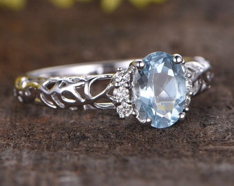 0.9ct Aquamarine Engagement Ring Unique Filigree Ring Diamond Cluster Vintage Wedding Bridal Ring White Gold Antique Women Ring 14K Oval