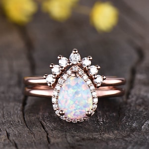 Opal Engagement Ring Setvintage Crown Wedding Bandpear Shaped - Etsy