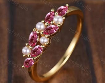 Vintage Pink Tourmaline Pearl Ring: 14k Gold Marquise Cluster Stacking Band