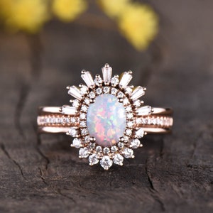 Opal rings for women vintage opal engagement ring,crown wedding band,curved wedding ring,3pcs opal bridal set 14k rose gold,antique jewelry