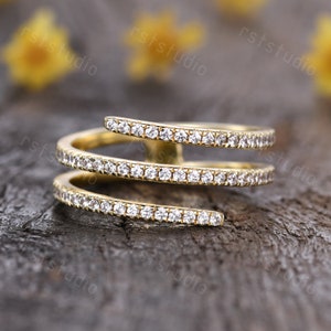 3 Row Crossover Ring,Natural Diamond Pave Set Wedding Band,Solid Gold Adjustable Ring,Dainty Spiral Cuff Ring,Promise Ring,Anniversary Gift
