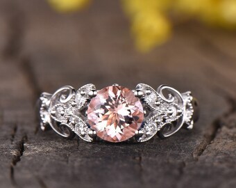 Vintage Morganite engagement ring 14K white gold flower wedding ring unique solitaire ring antique anniversary ring morganite jewelry