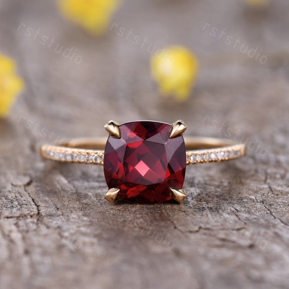 Cushion Cut Natural Red Garnet Engagement Ring Garnet Ring Rose