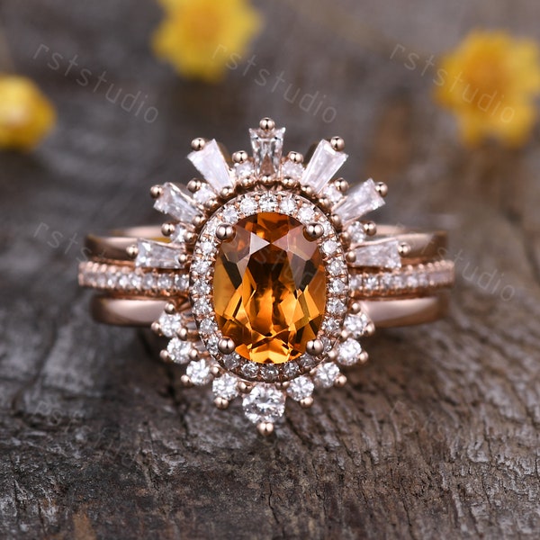 Citrine engagement ring set yellow citrine ring 14k rose gold vintage diamond wedding ring gemstone ring,antique jewelry bridal gift for her