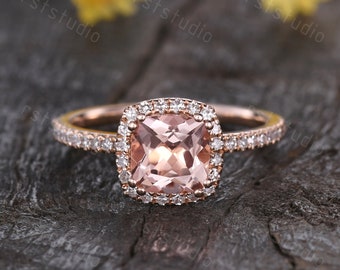 Cushion Morganite Engagement Ring: Diamond Halo, Rose Gold Bridal Ring