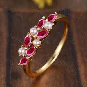 Vintage Red Ruby Wedding Band,Cluster Marquise Red Ruby Ring,July Birthstone,Stacking Band Gift for Women 14k Solid Gold Ring Promise Gift