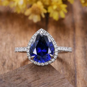 Teardrop Blue Sapphire Engagement Ring Pear Shaped Sapphire Ring Halo Diamond Wedding Band Anniversary Ring Bridal Gift For Her 925 Silver