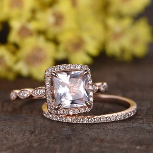 2pcs unique natural morganite engagement ring set marquise diamond matching band bridal ring morganite jewelry anniversary ring