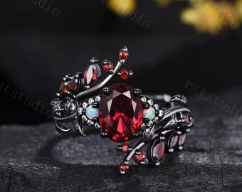 Unique Gothic Oval Cut Garnet Engagement Ring, Black Gold Twig Branch, Marquise Cluster Opal Wedding Band