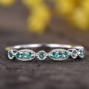 Green Emerald Wedding Band Stacking Green Gemstone Wedding Ring 14K White Gold Matching Band Migrain Emerald Rings For Women