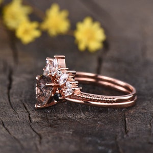 1.2ct Pear Cut Vintage Black Rutilated Quartz Engagement Ring Set,14K Rose Gold black spinel 3 stone ring,Antique Black Gemstone image 9