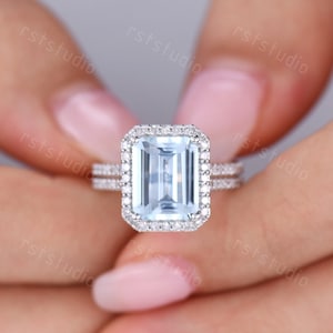 Blue Aquamarine Engagement Ring Natural Aquamarine Ring Diamond Wedding Band Emerald Cut March Birthstone Rings For Women Aquamarine Jewelry