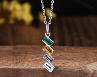 Collar familiar con piedra natal en forma de baguette, colgante de aguamarina en oro de 14 quilates, joyería personalizada.