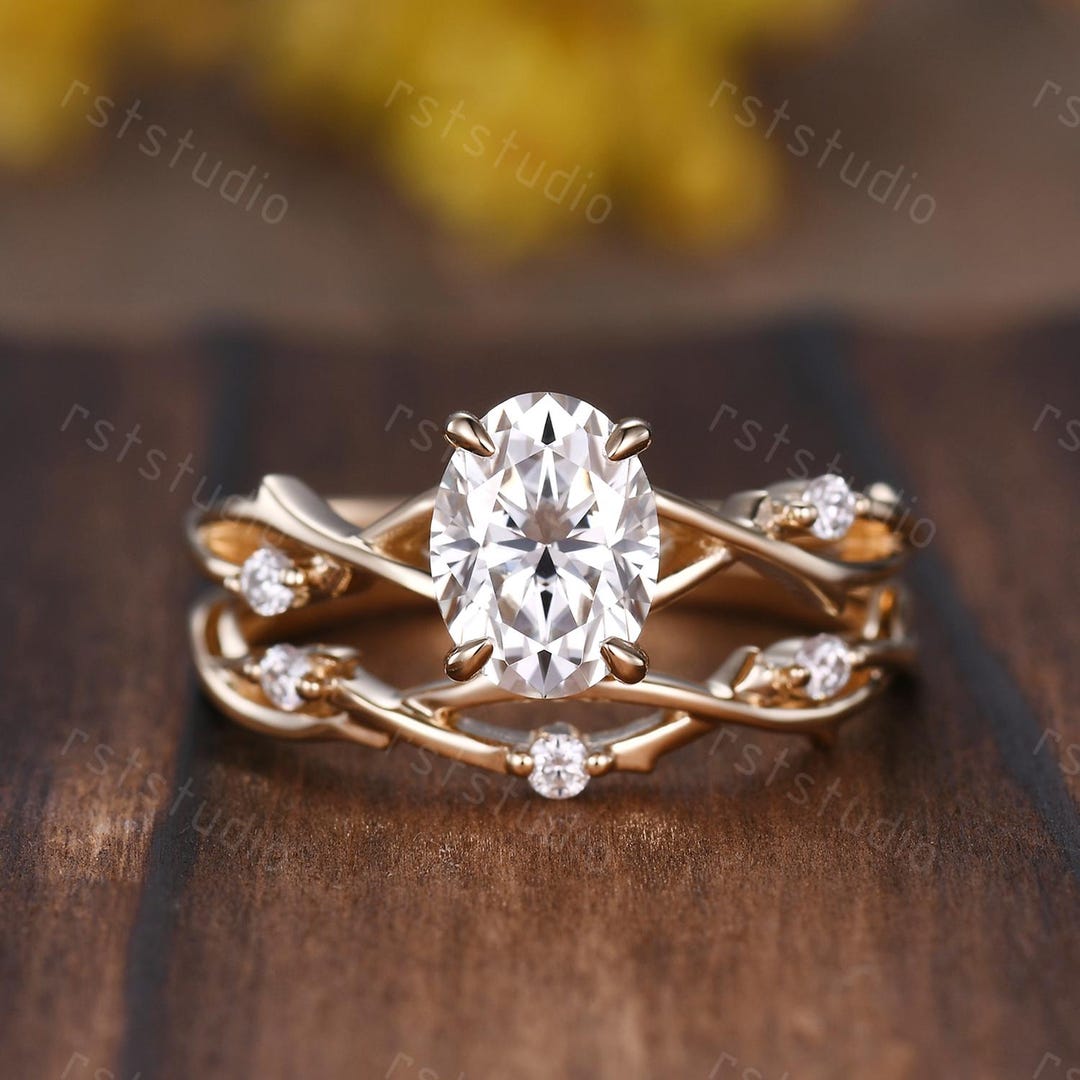 Vintage Oval Moissanite Engagement Ring Set: 14k Gold Twig Branch ...