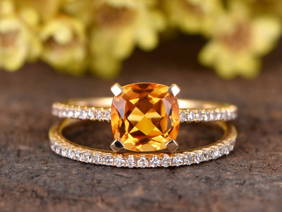 Vintage Citrine Engagement Ring Set 14K Yellow Gold Half Eternity