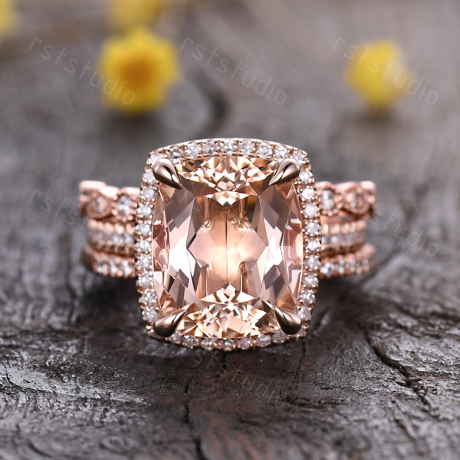 Unique 12x10mm Morganite Engagement Ring Set Art Deco Wedding Band Diamond Eternity Band 14K Rose Gold Morganite Bridal Set Christmas Gift