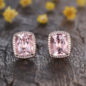 8x10mm Cushion Cut Morganite Earrings,Minimal Pink Morganite Stud,Filigree Diamond Earrings,Morganite Jewelry,Bridesmaid Gift,Blush Earring