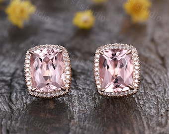 8x10mm Cushion Cut Morganite Earrings,Minimal Pink Morganite Stud,Filigree Diamond Earrings,Morganite Jewelry,Bridesmaid Gift,Blush Earring