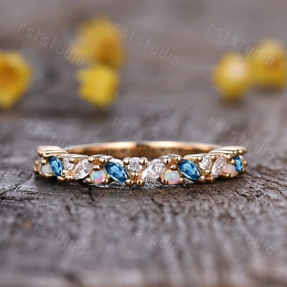 Marquise London Blue Topaz Wedding Band: Diamond Opal Solid Gold
