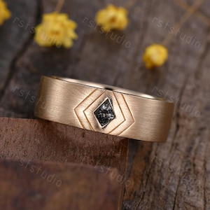Mens Kite Cut Black Rutilate Quartz Engagement Ring Vintage Black Gems Ring 14k Solid Gold Retro Mens Ring Matt Finish Promise Ring Gift
