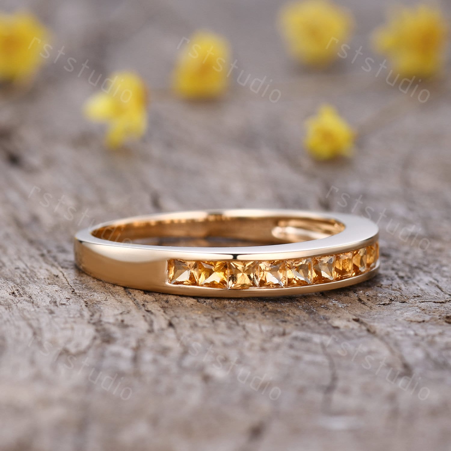 Vintage Citrine Wedding Band, 14K Yellow Gold Half Eternity Anniversary Vintage Citrine Wedding Band, 14K Yellow Gold Half Eternity Anniversary