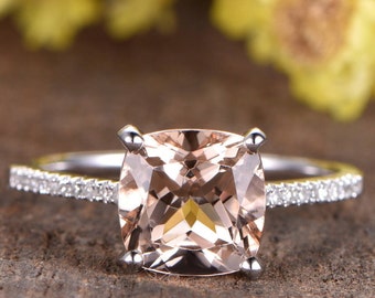 Cushion Cut Morganite Engagement Ring Wedding Bridal Ring 14K White Gold Morganite Jewelry  Personalized Gifts Unique Morganite Ring For Her