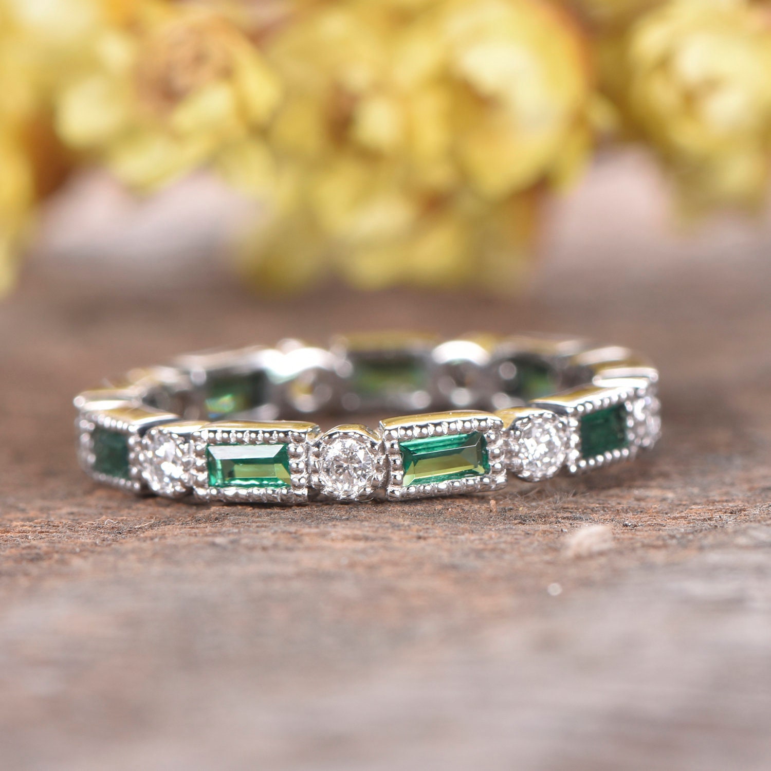 Emerald Wedding Band Full Eternity Diamond Wedding Ring Art | Etsy