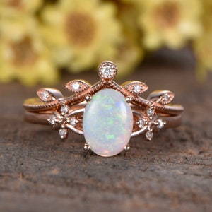 Natural Australia Opal engagemenet ring set vintage opal ring, curved wedding band 14K rose gold wedding ring set bridal set handmade ring
