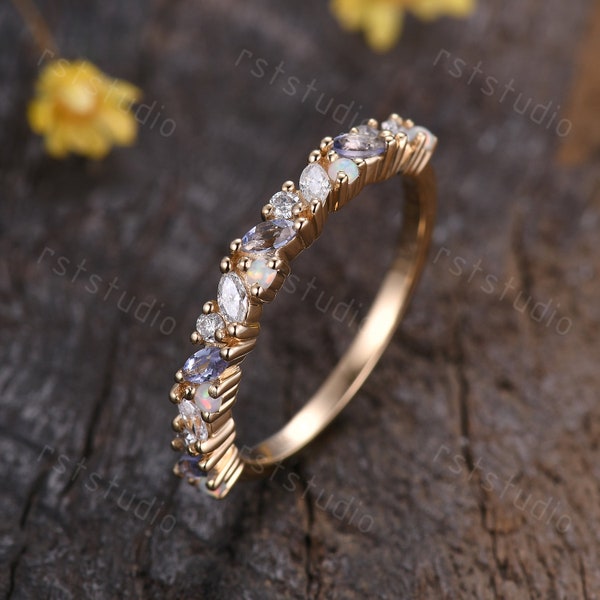 Marquise tanzanite real diamond wedding band solid gold tanzanite white opal band bridal ring anniversary ring birthstone gift silver ring