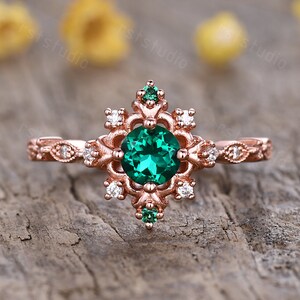 Antique Emerald ring, emerald engagement ring,cluster ring, green gemstone ring, May birthstone ring, gifts for women