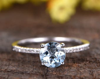 1.0ct Blue Aquamarine Engagement Ring Aquamarine Dainty Ring Solitaire Ring Diamond Wedding Band Birthstone Rings For Women Birthday Gifts