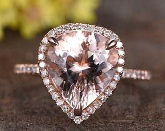 Pear Morganite Engagement Ring, Rose Gold Diamond Halo, Promise Ring