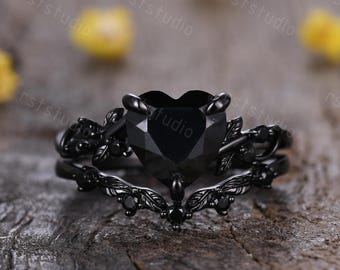 Black Onyx Heart Engagement Ring Set: Twig Leaf Bridal Jewelry