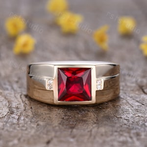Mens ring Unique princess cut Ruby engagement ring 14k gold,Vintage red ruby ring,diamond band ring,anniversary promise ring gift for him