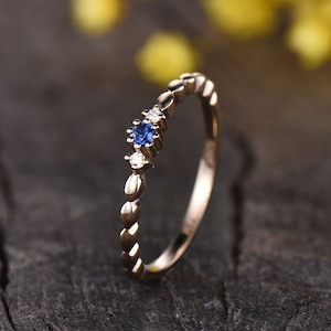 Sapphire Engagement Ring Diamond Accent,Marquise Shaped Wedding Band,Three Stone Ring,Plain 14K Gold Band Blue Gemstone Ring Dainty Ring