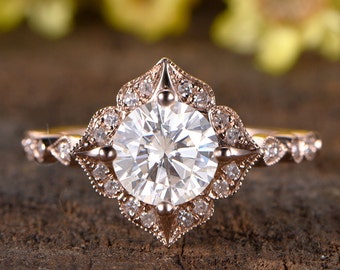 Antique 1.6ct Moissanite Engagement Ring, Rose Gold Floral Halo, Diamond Band