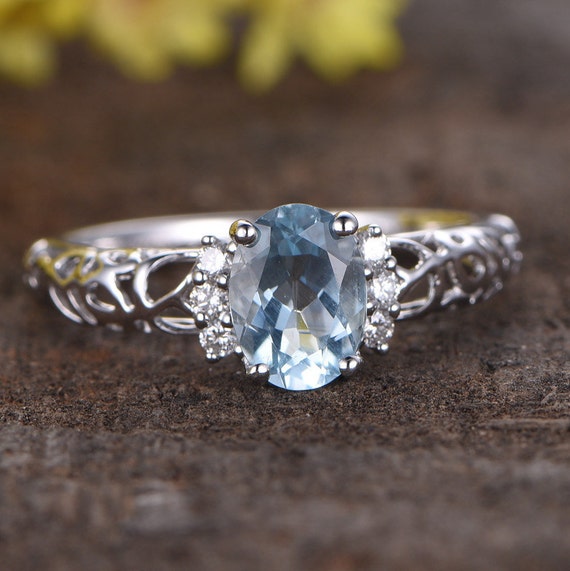 0.9ct Aquamarine Engagement Ring Unique Filigree Ring Diamond - Etsy