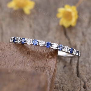 Natural sapphire diamond wedding band half eternity ring  14k white gold engagement ring stacking matching band anniversary ring thin Pave