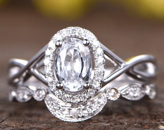Oval White Sapphire Engagement Ring Set, Diamond Halo, 14K White Gold