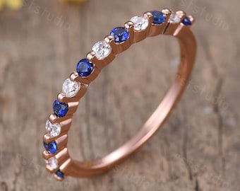 14K White Gold Blue Sapphire Diamond Wedding Band: Art Deco Anniversary Ring