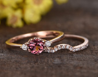 Pink tourmaline Ring set 14K rose gold diamond wedding band 5mm round natural tourmaline engagement ring aniversary ring birthstone ring