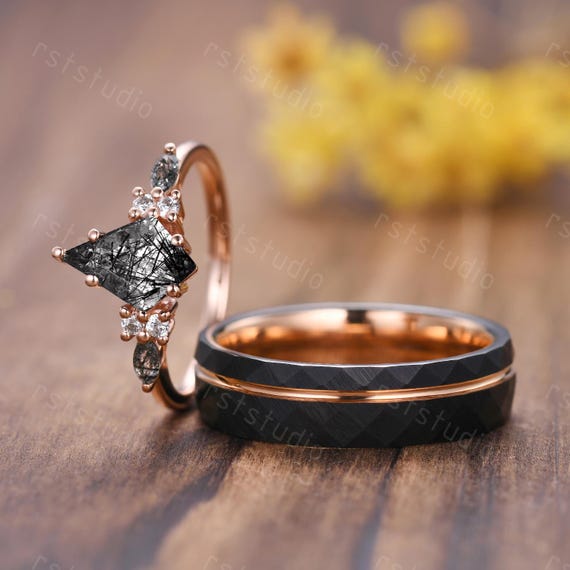 Black Rutilated Quartz Engagement Ring Set: Rose Gold Plated