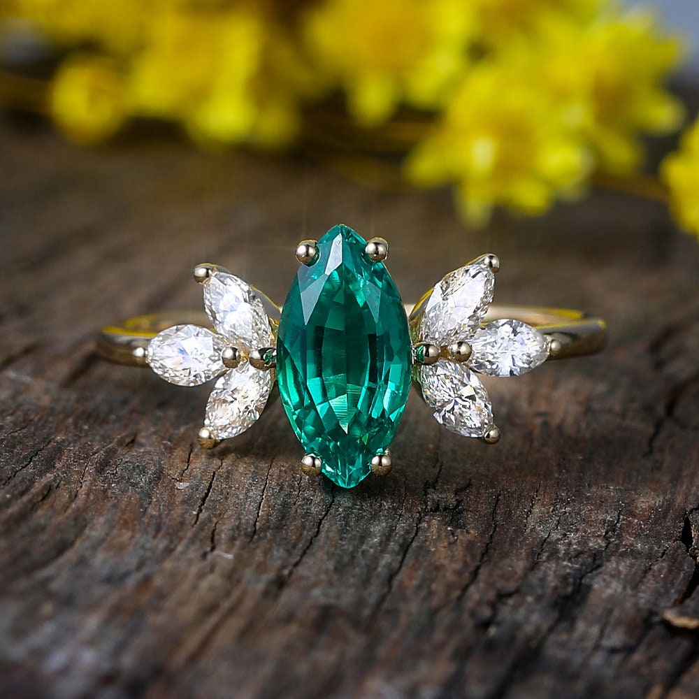Marquise Emerald Engagement Ring Vintage Flower Ring Art Deco Etsy