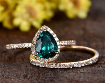 Conjunto de anillo de compromiso con esmeralda en forma de pera, banda de diamantes, oro de 14 quilates