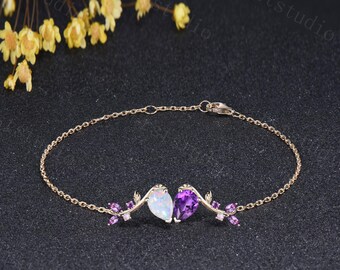 White Fire Opal and  Purple Amethyst Bracelet, Pear Cut Two Stone Heart Charm Bracelet, Nature Inspired Leaf Vine Unique Anniversary Gift