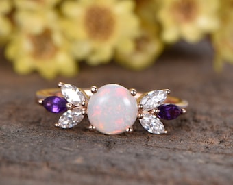 Natural Australia Fire Opal engagement ring, marquise Moissanite Amethyst wedding band,unique opal ring 14K rose gold Promise Ring Jewelry